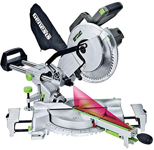 Genesis GMSDR1015LC 15 Amp 10 Sliding Compound Miter Saw with Laser Light, Electric Brake, Spindle Lock, Dust Bag, Extension Wings, and 60T Carbide-Tipped Blade