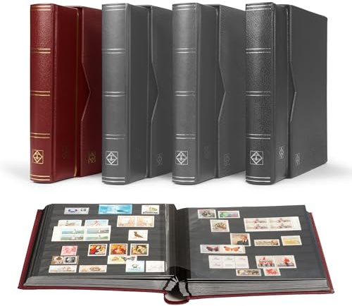 LIGHTHOUSE – “PREMIUM” Bonded Leather Cover Stockbook for Stamps - 64 Black Cardstock A4 Pages with Clear Strips and Double Linen Hinges - Slipcase Included - Red