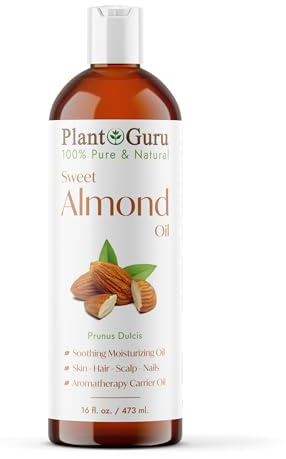 Plant Guru Sweet Almond Oil 16 fl. oz. Cold Pressed Carrier 100% Pure Natural For Skin, Body, Face, and Hair Growth Moisturizer. Great For Creams, Lotions, Lip balm and Soap Making
