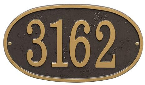 Whitehall Personalized Cast Metal Address Plaque, USA Made Custom Architectural House Number Sign, Oval, 12 x 6.75 inches, Bronze with Gold Numbers