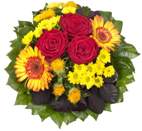 Dominik Blumen und Pflanzen, Blumenstrauß Blütenmeer mit roten Rosen, Färberdistel, Chrysanthemen und Gerbera