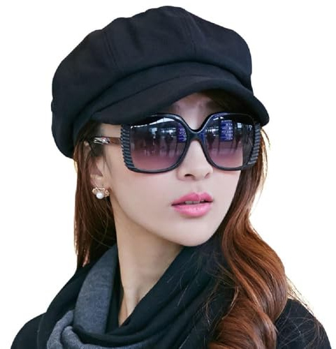 SIGGI Womens Merino Wool Visor Beret Newsboy Cabbie Cap Winter Hats with Lining Spring 67145_black,Medium
