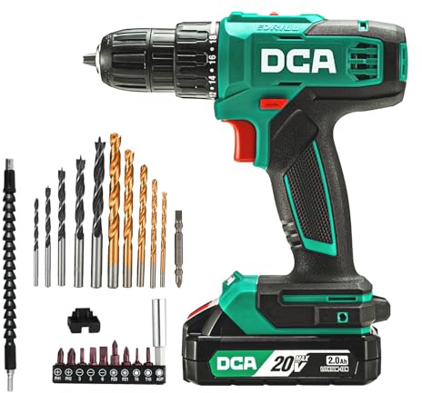 DCA Cordless Drill Set, 354 in-lbs Torque, 3/8 Keyless Chuck, Electric Power Drill with 2.0Ah Battery and Charger,18+1 Position,25-Piece 20V Drill Driver Kit, ADJZ2035