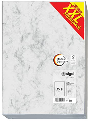 SIGEL T1080 Hochwertiges Marmor-Papier A4 grau (250 Blatt, 90 g) beidseitig marmoriert, Briefpapier, Speisekarte, XXL-Superpack wie DP371
