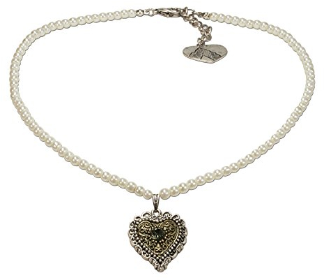 Alpenflüstern Perlen-Trachtenkette Trachtenherz - nostalgischer Damen-Trachtenschmuck mit Strass-Herz Bicolor-Farben, Filigrane Dirndlkette Creme-weiß DHK184