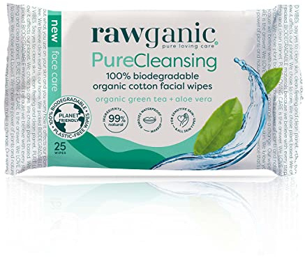 RAWGANIC Pure Cleansing Refreshing Facial Wipes with Aloe Vera and Green Tea | Gentle Soothing Biodegradable Makeup Removal Organic Cotton Wipes | 1 Pack (25 wipes in total)