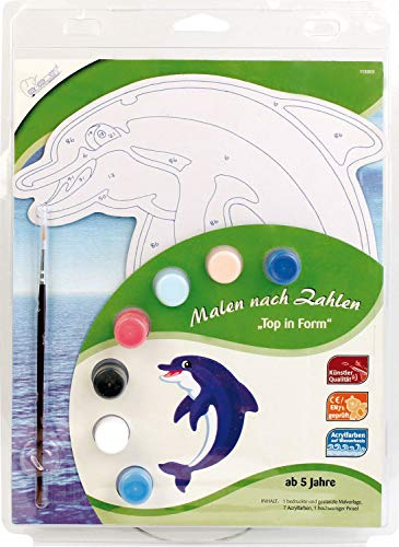 Mammut 113003 Paint by Numbers Top in Shape, Animal Motif, Dolphin, Complete Set with Printed and Die-Cut Colouring Template, 7 Acrylic Paints and Brush, Painting Set for Children from 5 Years
