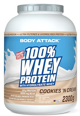 Body Attack 100% whey protéine, protéines musculation-protein powder crémeuse avec hydrolysat et BCAA, prise de masse et régimes, pour athlètes et sportifs-Fabriqué en Allemagne-2,3 kg Cookies n Cream