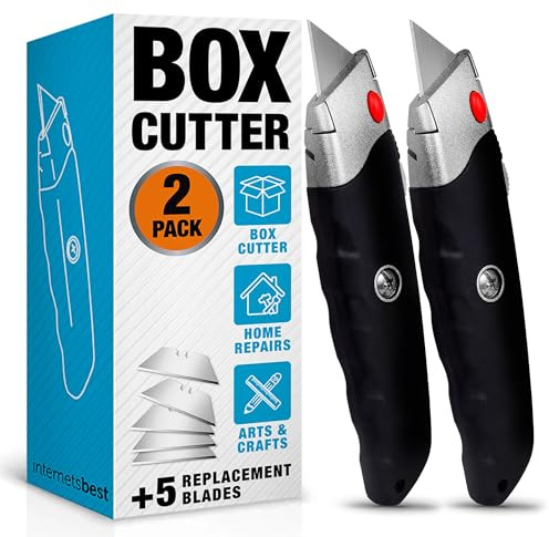 INTERNET'S BEST Premium Utility Knife Set | Retractable Box Cutter with Rubber Handle | Heavy-Duty Cutting for Cardboard, Carpet, Plastic | Retractable Blade | Includes 2 Razor Knives & Extra Blades