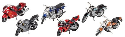 motorcyklar, formsprutning, skala 1:18 set med 6