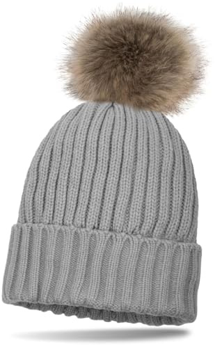 styleBREAKER Gorro de Punto para niños con Pompones, diseño de Rayas perladas y Forro de termofleece, Gorro de Invierno con Pompon de Piel sintética 04024031, Color:Gris