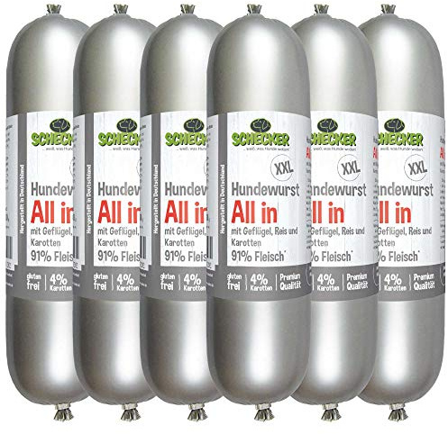 Schecker Nourriture humide - Saucisse pour chien XXL All In avec 91 % de viande - La saucisse de viande pour chien peut être stockée sans refroidissement - Sans gluten (800 g (lot de 6)