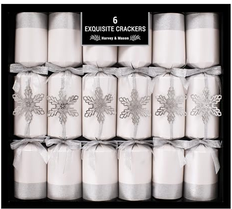Royle Exquisite Collection Box of 6 Premium Christmas Crackers 13.5 Wide Barrelled - Silver Snowflake Xmas Crackers Xmas Decorations Tableware