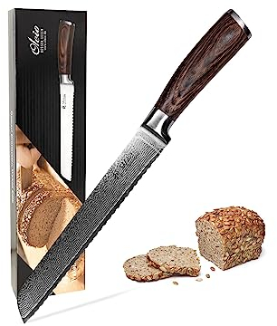 Wakoli EDIB Coltello damasco Coltello da pane con lama seghettata e molto affilata di 20 cm realizzata con 67 strati di acciaio con nucleo in acciaio VG10 I Coltello damasco da cucina e coltello da chef professionale in acciaio damasco con manico in legno di pakka