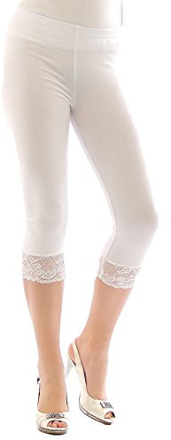 YESET Capri 3/4 leggings spets bomull leggings spetskant byxor tvätt dam, Vit, 3XL