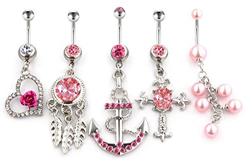 Vcmart 5 Mix Piercing da Ombelico Belly Bar in 316L Acciaio