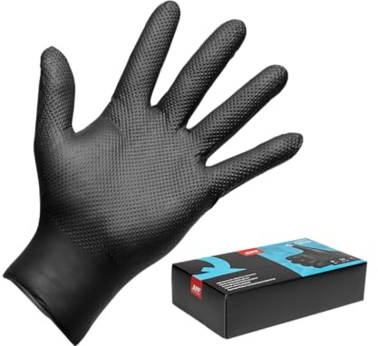 APP Quartz Q-GRIP Guanti Monouso in Nitrile Neri 8 mil Ultra Spessi, 50 Pezzi | Texture Diamante Antiscivolo, Senza Polvere, Polsino Arrotolato, Alta Protezione Chimica e Meccanica | Taglia L