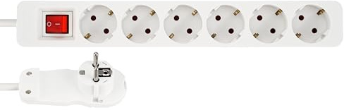 REV Steckdosenleiste - Mehrfachsteckdose 6-Fach mit Flachstecker & beleuchtetem Schalter zum Stromsparen, 2m, 3680W, weiß