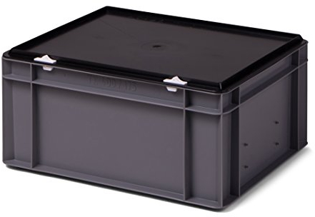 Stapel-Transportkasten grau, mit schwarzem Verschlußdeckel, 400x300x186 mm (LxBxH), 15 Liter, aus Kunststoff (PP)