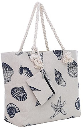 DonDon Strandtasche XXL mit Reißverschluss - Umhängetasche Damen, Shopper Tasche Damen im Beach Look mit Schulterriemen - Urlaub Must Haves Beach bag - Maritim Design Muschel