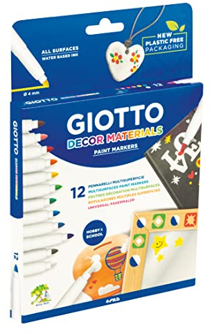 GIOTTO Decor Materials, Rotuladores Multisuperficie , Punta Media, Punta 4 mm., Estuche sin plástico, Colores Surtidos, 12 uds.