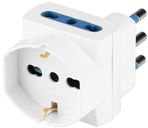 POLY POOL | PP2368S Adattatore Presa Tripla Salvaspazio con Spina Grande - Adattore Presa Multipla Spaziozero - 2 prese Italiane 10A/16A + Presa Schuko P30 - Adattatore Ideale Per Spazi Stretti