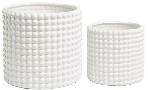 MyGift 6 Inch Ceramic Round Planter Pot, Set of 2 Vintage-Style White Ceramic Flower Pots, Indoor Hobnail Textured Cylindrical Succulent Plant Containers