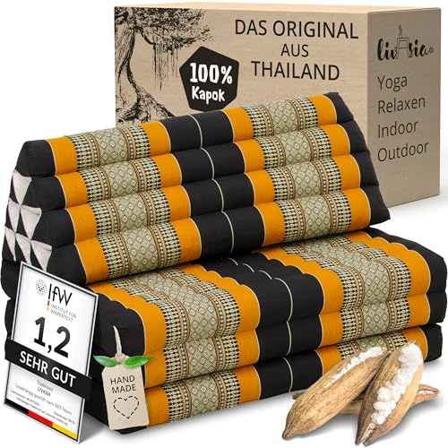 Livasia Thaï 3 Blocs pour Couple XXL - 190x80x8cm - Coussin Triangulaire Matelas Pliable, Kapok Ultra Large de Soutien Dorsal, Tapis Thaï de Méditation (Noir/Orange)