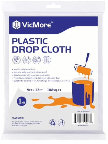 VICMORE Clear Plastic Drop Cloth for Painting, 9 x 12 Ft, 1 Mil, 1 Pack