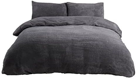 Sleepdown Teddy Fleece Duvet Cover Quilt Bedding Set with Pillow Cases Thermal Warm Cosy Super Soft - Double - Charcoal