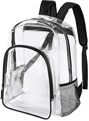 Clear Backpack Heavy Duty - 16x12x6 in Large Transparent Backpacks for School, College, Work - See Through PVC Plastic Bookbag for Girls Boys (Black)
