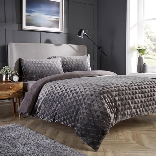 Olivia Rocco Teddy Duvet Cover Set Diamond Fleece Soft Fluffy Quilt Sets Thermal Warm Cosy Snug Bedding, King Charcoal