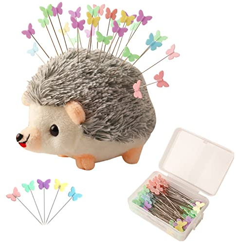 CICILIAYA Hedgehog Shape Pin Cushion, Cute Pincushions Sewing Kit Accessories Supplies Needle Cushions Holder with 100Pcs Colored Ball Heads Straight Fabric Pins for Jewelry Quilting DIY Crafts (Gray)