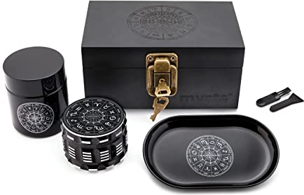 MYSTE ZODIAC Stash Box mit Zubehör, groß Grinder 63mm, geruchsdichtes Combo Set, Stashbox Combo Kit verschließbar mit Schloss, mit Mühle, Rolling Tray Set