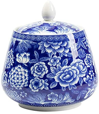 Ceramic Sugar Bowl Blue and White Food Storage Jar Canister with Sealed Lid