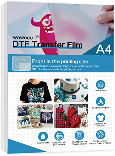WOWOCUT DTF Transfer Film, 50 Blatt A4(8.4 x 11.7) Double-Side Matte DTF Film PET Heat Transfer Papier für Epson Inkject Drucker Direktdruck auf T-Shirts