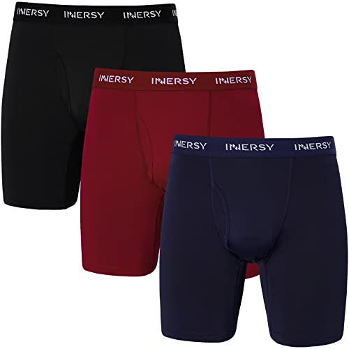 INNERSY Mens Long Boxers Anti Chafing Shorts, L, Black/Navy Blue/Burgundy