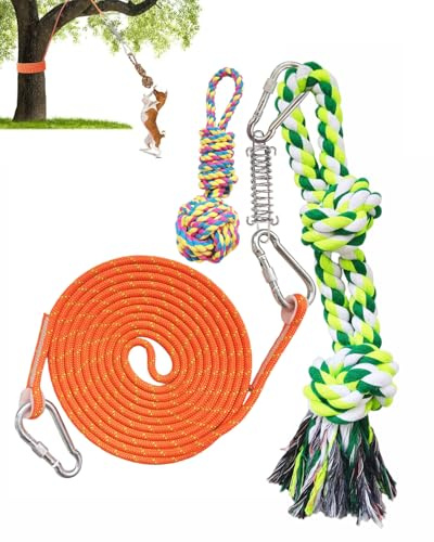 TUAHOO Outdoor Dog Hanging Bungee Tug Toy, Spring Pole Rope Pull Tether Tug of War for Aggressive Chewers Middle Large Dogs to Exercise Solo Play, Interactive Tug Dog Toy with 2 Chew Ropes