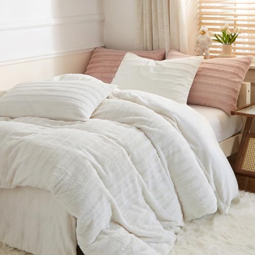 Nayoroom Plüsch Bettwäsche 135x200 Creme Weiß Winter Warme Flauschig Fleece Bettbezug und Kissenbezug 80x80 cm Oeko-Tex Zertifiziert Super Weich Winterbettwäsche Set Reißverschluss