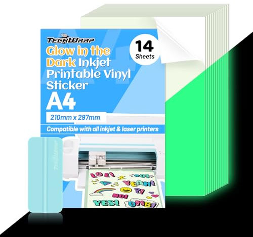 TECKWRAP Printable Vinyl Sticker Paper for Inkjet Printer Glow in Dark Inkjet Printable Sticker Paper Waterproof A4 210mm x 297mm 14Pcs/Pack for Craft Sticker, Scrapbooking, Craft Cutters