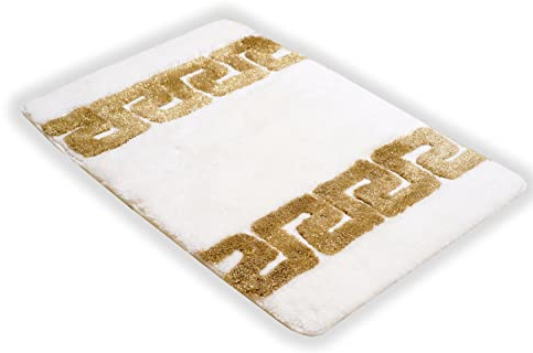 Luxus Badematte Badezimmerteppich Duschmatte Badvorleger in weiss gold griechisches Mäander Muster 100% Acryl - rutschfest waschbar flauschig Fussbodenheizung geeignet saugfähig - Weiss, 60 x 90 cm