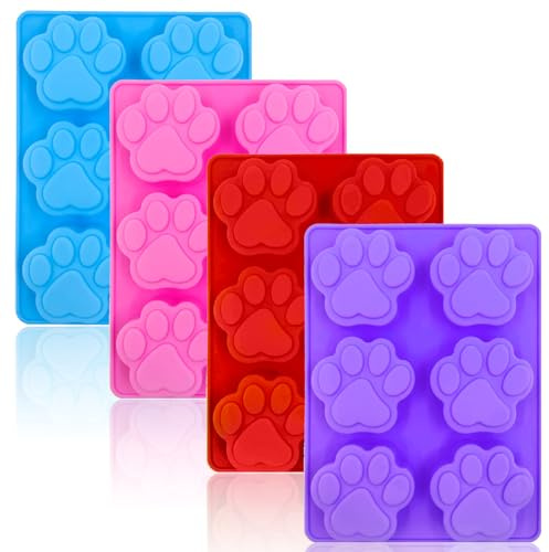 Puppy Dog Paw Silicone Molds,Non-Stick Food Grade Silicone Molds for Chocolate, Candy, Jelly, Ice Cube, Dog Treats Baking Mould(Set of 4PCS) (Blue Pink Purplish Red)