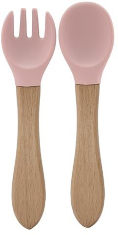 BABYZOCO Cubiertos Bebe Cuchara y Tenedor, Aprendizaje Bebe, Silicona Grado Alimentario Sin Bpa, Antibacteriana, A partir de 6 meses, Silicona y madera, Rosa Claro