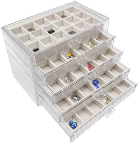 Jinavoty Caja de Almacenamiento para Pendientes, Caja de Almacenamiento de Joyas de Acrílico con Bandejas de Terciopelo, Caja Organizadora y Expositora para Pendientes para Mujeres y Niñas (Beige, 5