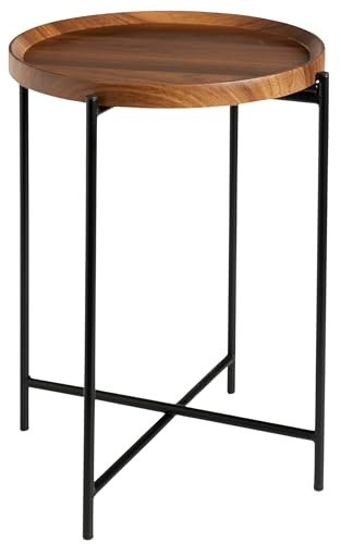rightclick Round Side Table With Removable Wood Tray, Walnut Finish Folding Coffee Table, Round Top Tray Sofa Table, Small Portable Folding Bed Side Table For Bedroom Black (37.5x47.5cm)