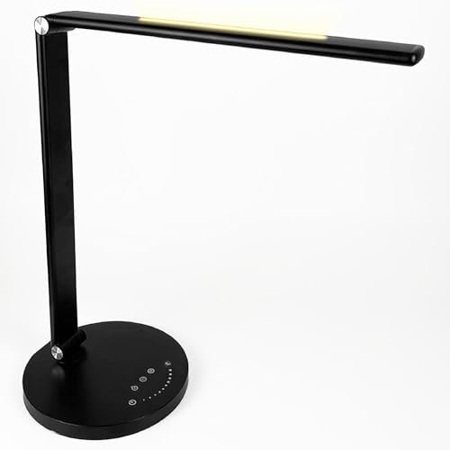 Flexo LED de Escritorio con Control Táctil Inteligente - 10 Niveles de Brillo y 5 Modos de Color - Temporizador 30/45 min y Luz Nocturna - Carga USB-C y USB-A - CRI 80+ y Cabezal Metálico Plegable