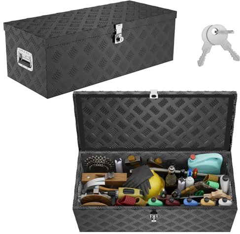 UISEBRT Aluminium Tool Box with Lock, Aluminium Box Transport Box 762 x 330 x 244 mm, Robust Aluminium Box for Tools, Trailer Box, Waterproof Storage Box with 2 Keys (Black)