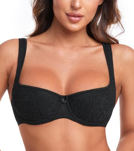 HACI Women's Sexy Balconette Bra Demi Half Cup Scoop Neck Push Up Lightly Padded Shelf Underwire Low Cut(Black,32B)