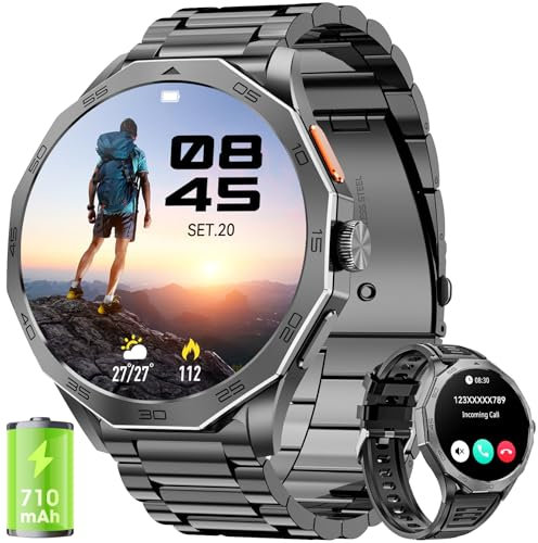 Smartwatch Herren 1,85 HD Ultra Screen Touchscreen 710mAh Akku Militär Smart Watch für Android iOS （Bluetooth Anrufannahme/Anrufe） Fitness Tracker mit 110+ Sportarten Sportuhr