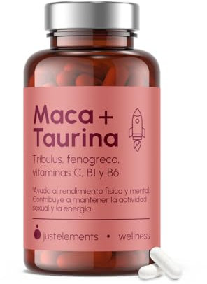 Maca Negra de alta potencia con Taurina, Arginina, Ashwagandha, Fenogreco, Vitaminas C, B1 y B6. Aumenta tu energía y vigor en momentos íntimos en hombres y mujeres - 120 cap. - Just Elements Wellness